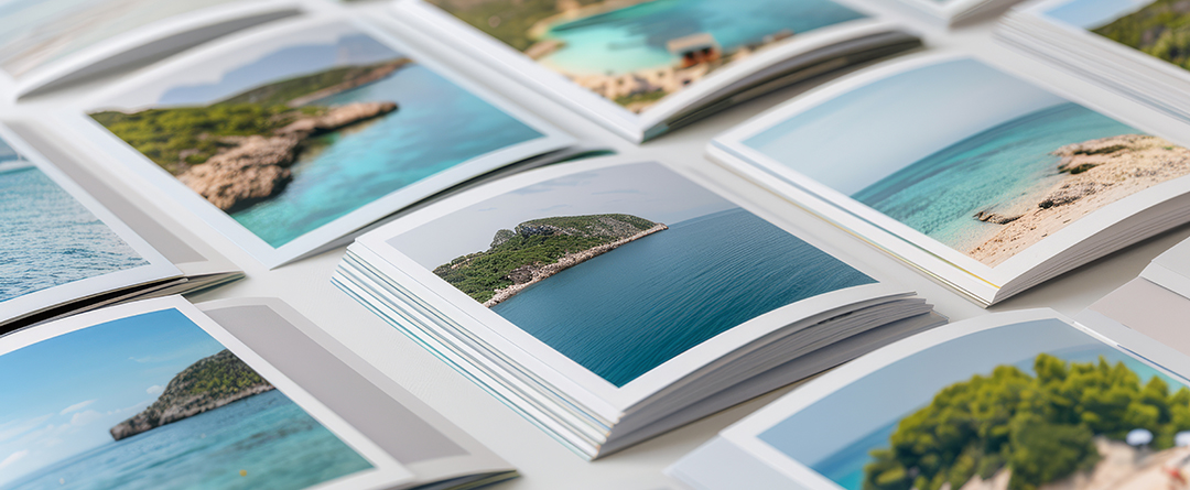 Spread of various brochures featuring travel destinations, vibra stacks of brochures on a table