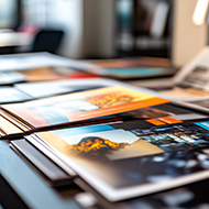 Stack of colorful brochures, table, indoor setting.
