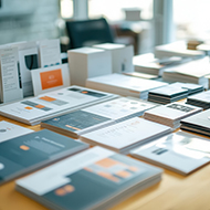 Printed product catalogs and marketing materials laid out on a conference table, Brand Identity, Building brand presence through tangible media